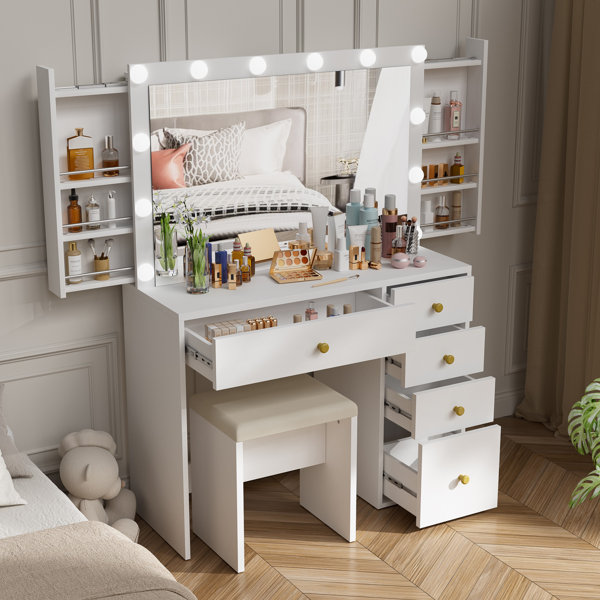 Latitude Run® Lighted Makeup Vanity Set with Outlets and Hidden Shelves